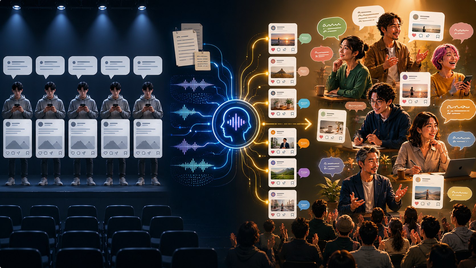 Voice-Matched Social Copy shows generic AI posts turning into authentic voice-matched social posts