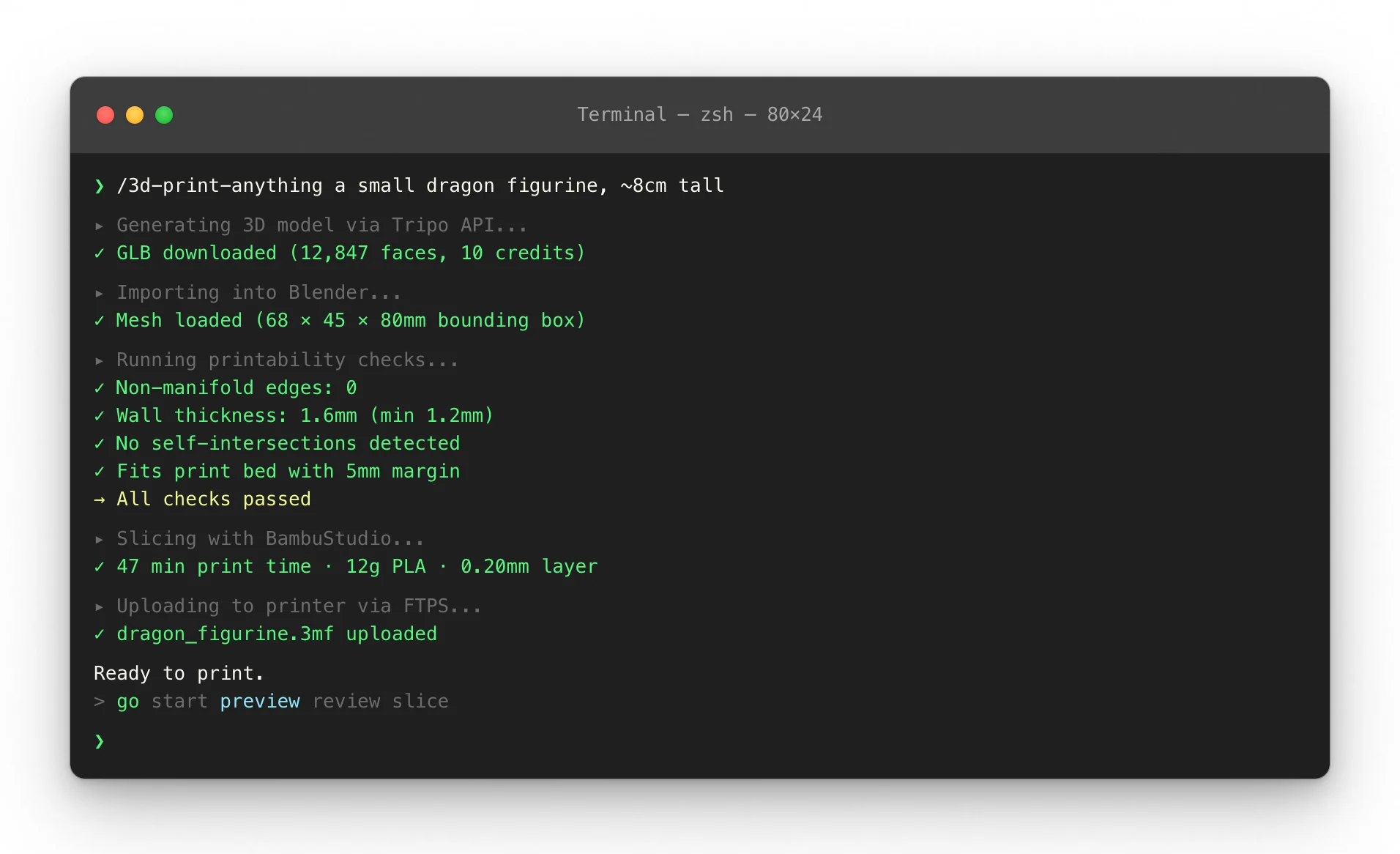 Terminal showing the full pipeline: text input → 3D model → mesh repair → slice preview → print starts