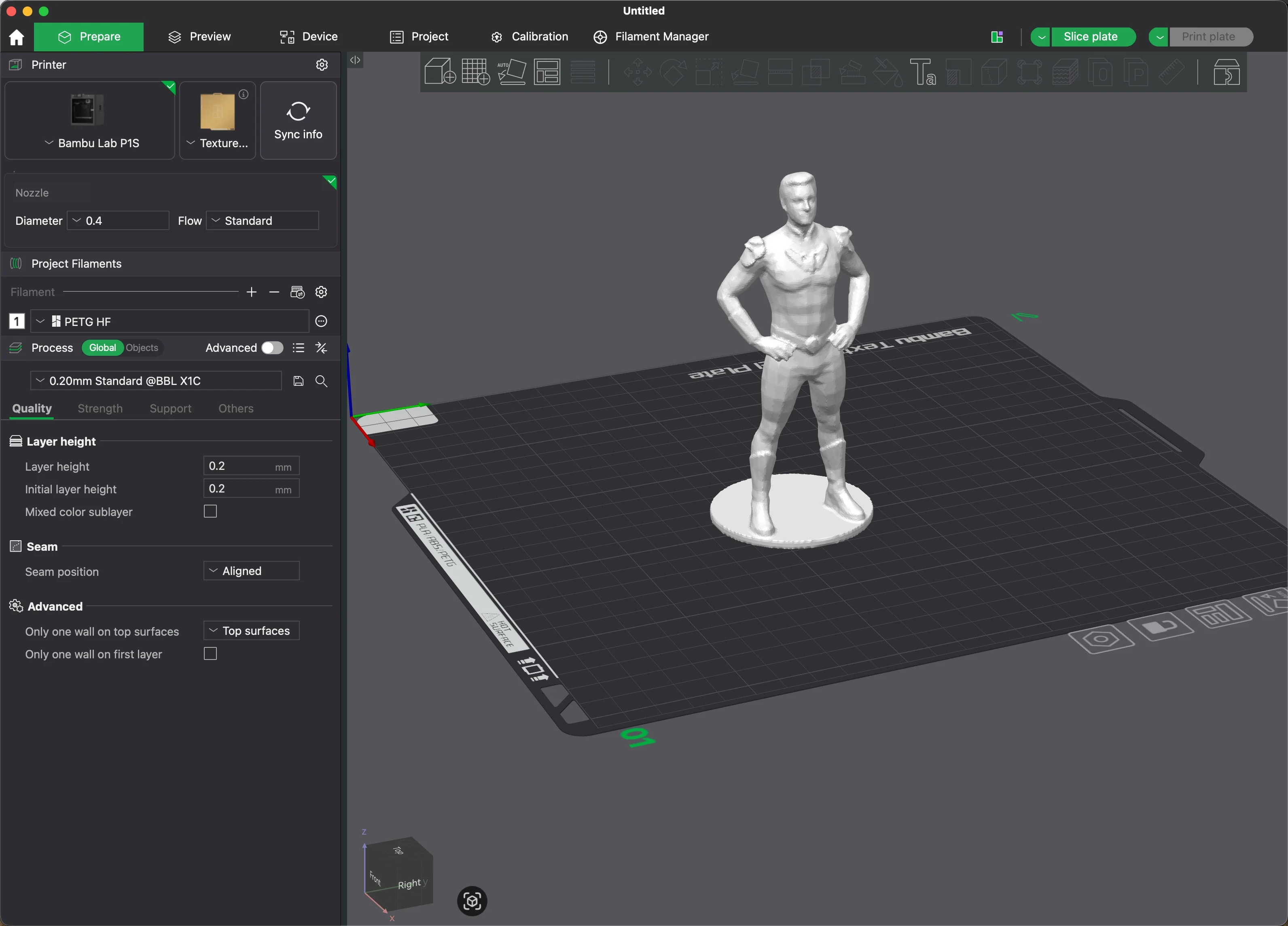 BambuStudio slice preview showing layer view, print time, and filament usage