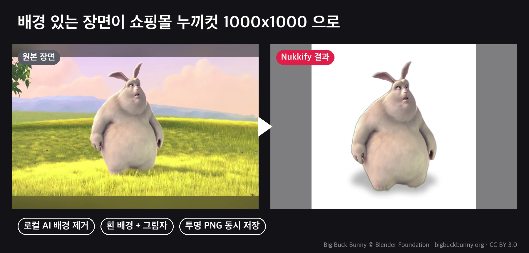 원본 장면과 Nukkify 결과 · Big Buck Bunny 예고편 장면을 실제로 돌린 결과