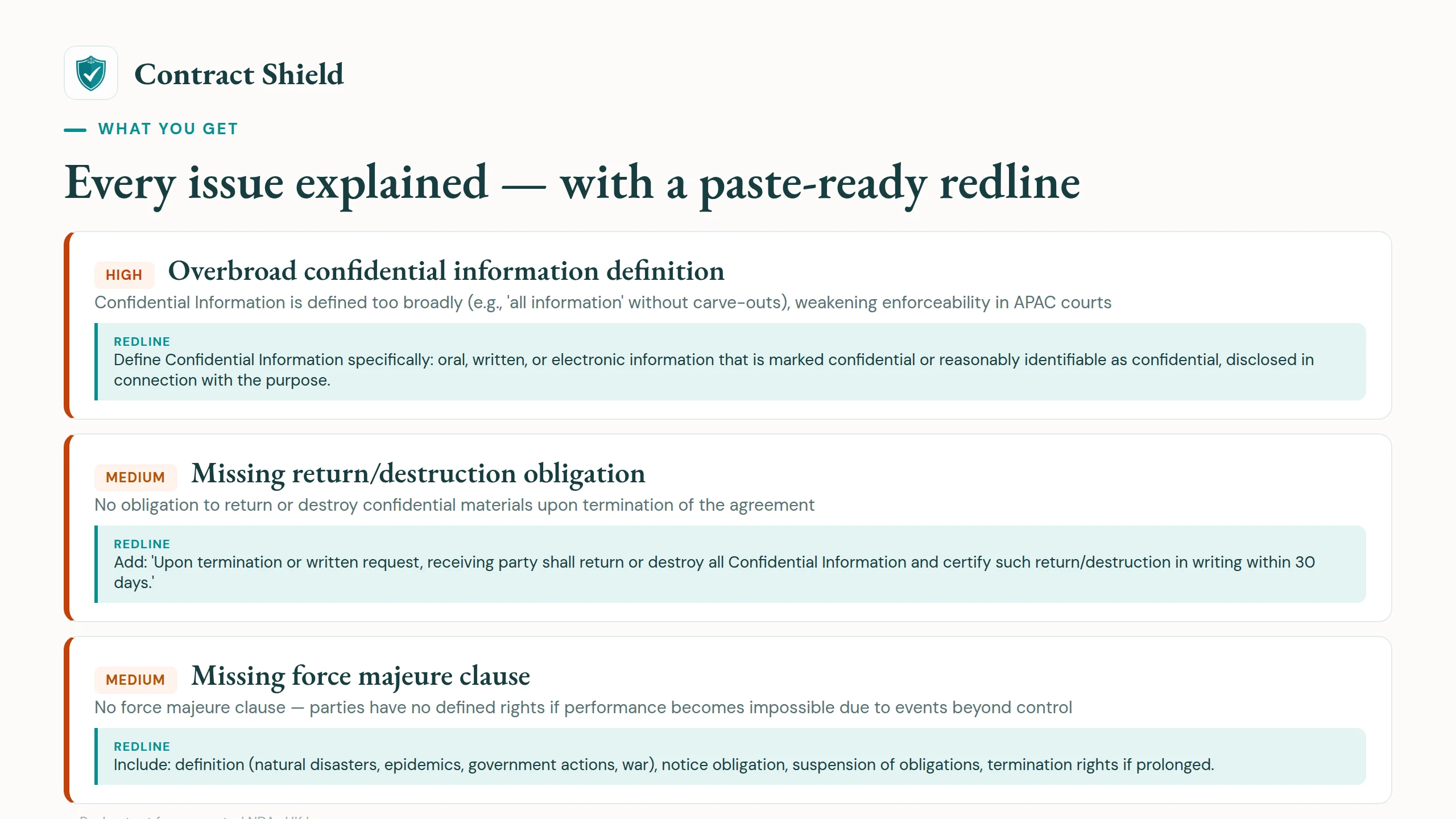 Flagged clauses from the same NDA — each with why-it-matters, a redline fix, and a negotiation point