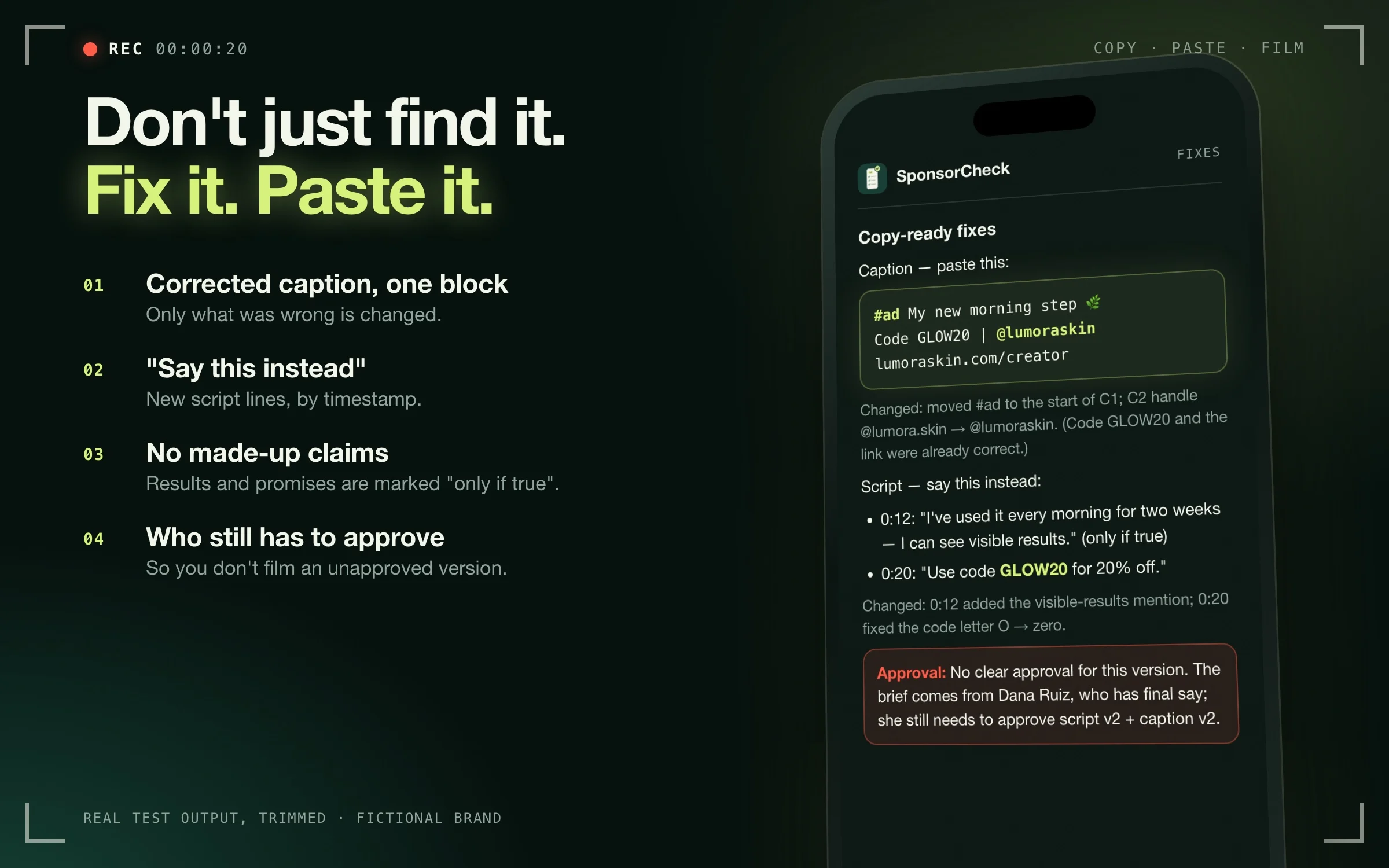 Copy-ready caption and say-this-instead script lines on a phone