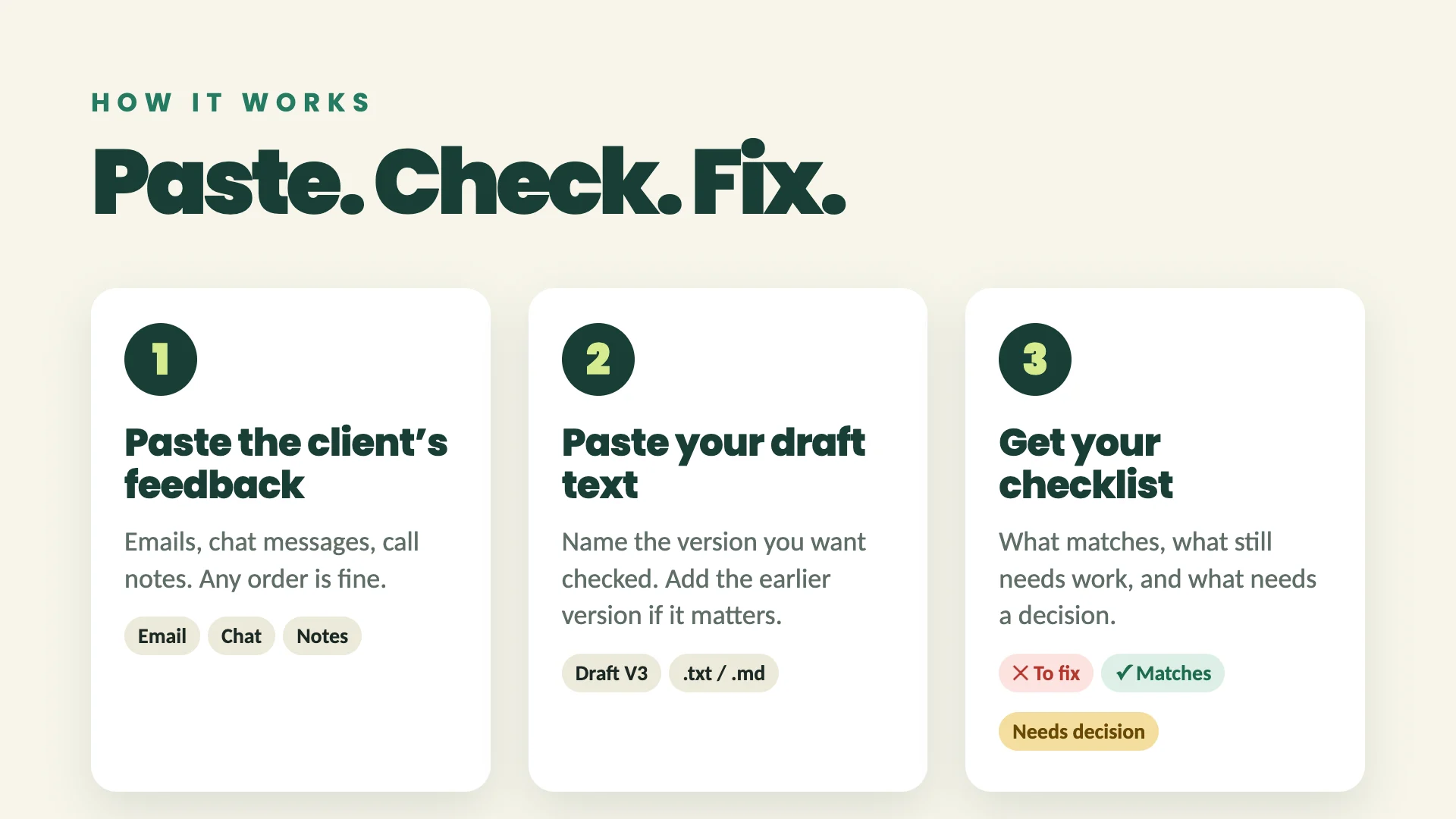 How it works: paste, check, fix