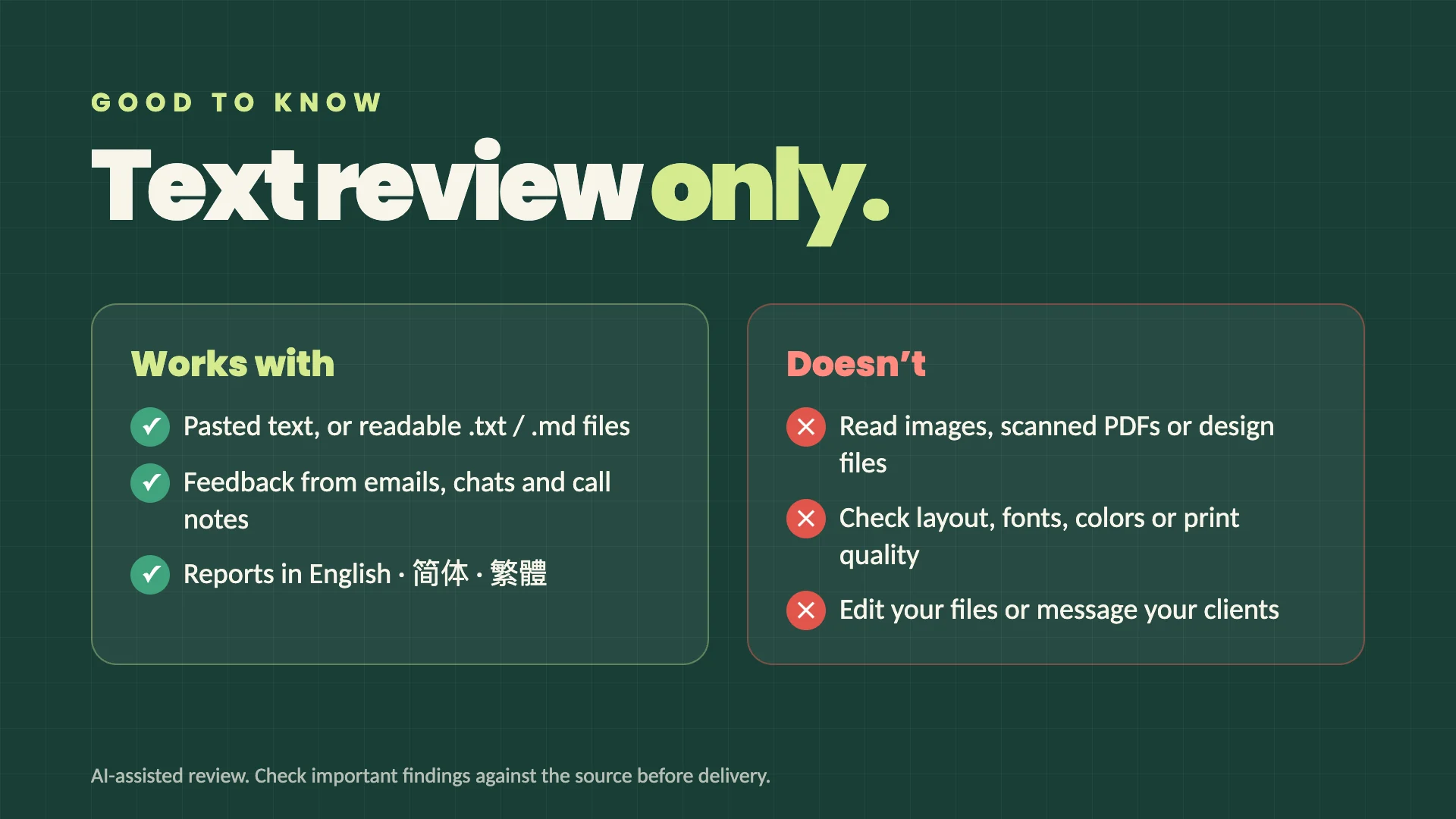 Text review only: what it does and does not do