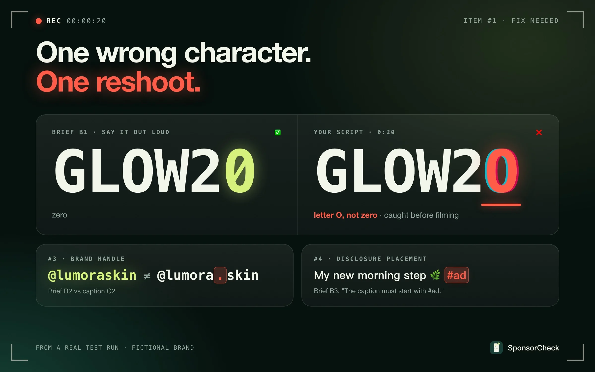 Three one-character mistakes SponsorCheck caught: GLOW2O vs GLOW20, @lumora.skin vs @lumoraskin, #ad at the end of the caption