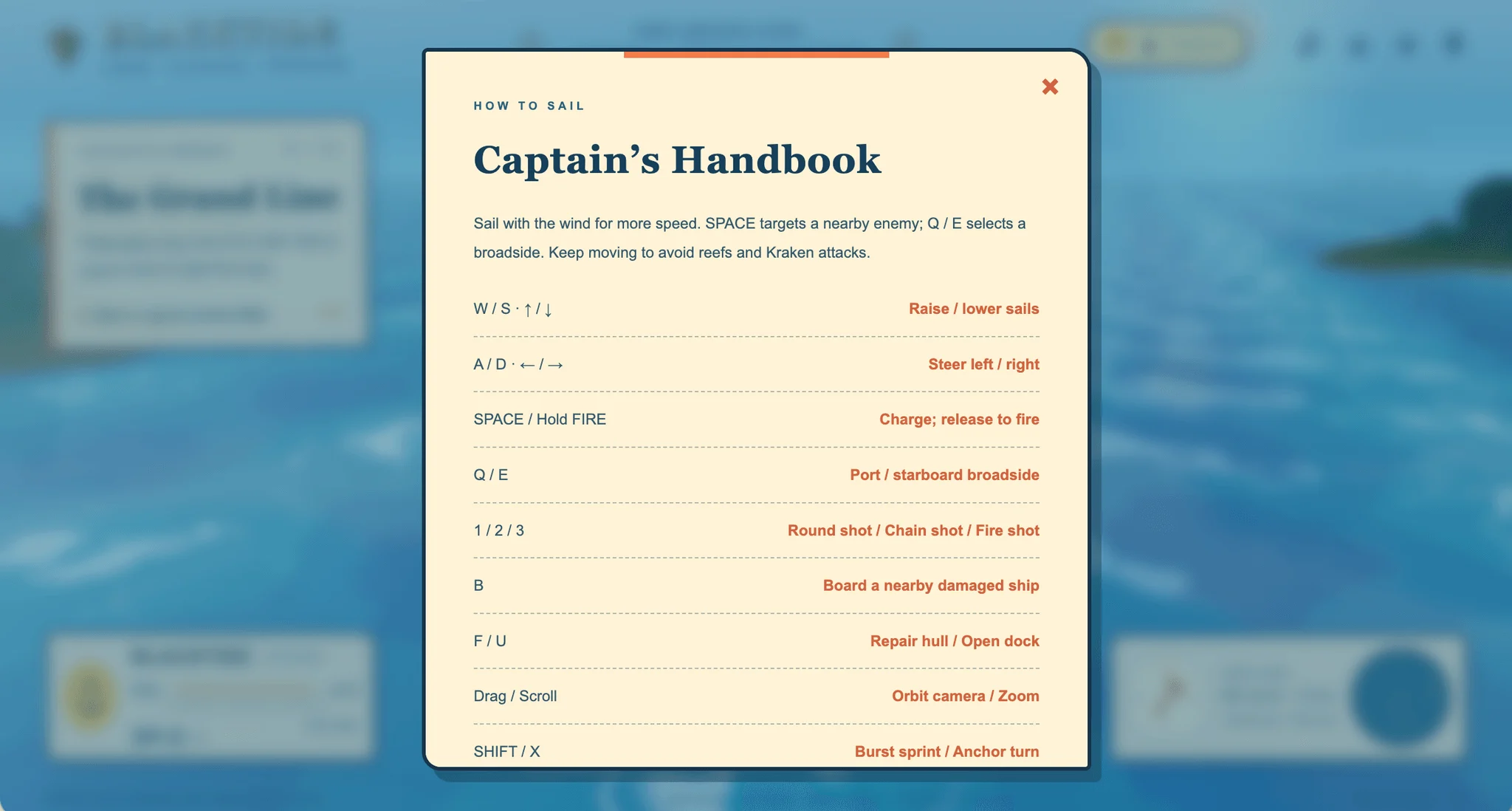 BLACKTIDE actual Captain's Handbook with sailing and combat controls