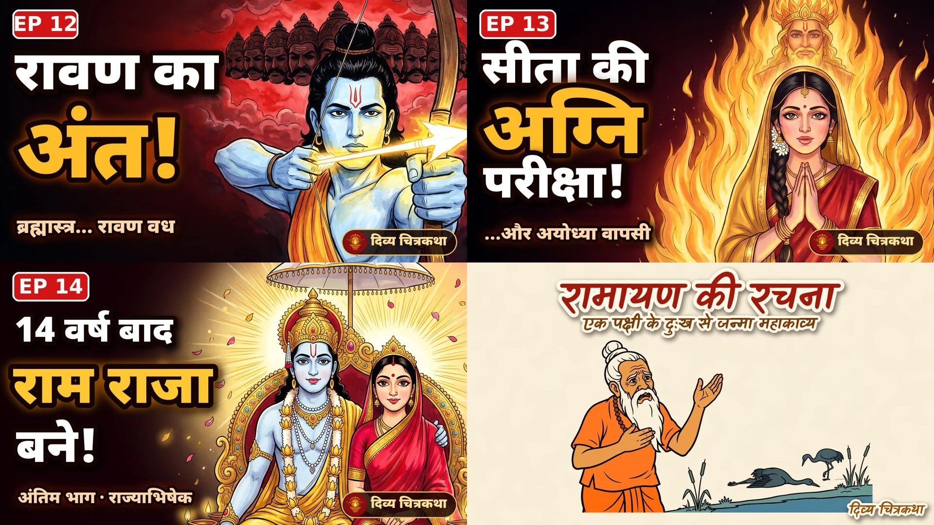 Sample thumbnails made with this workflow for a Hindi Ramayan series (images generated on fal.ai)