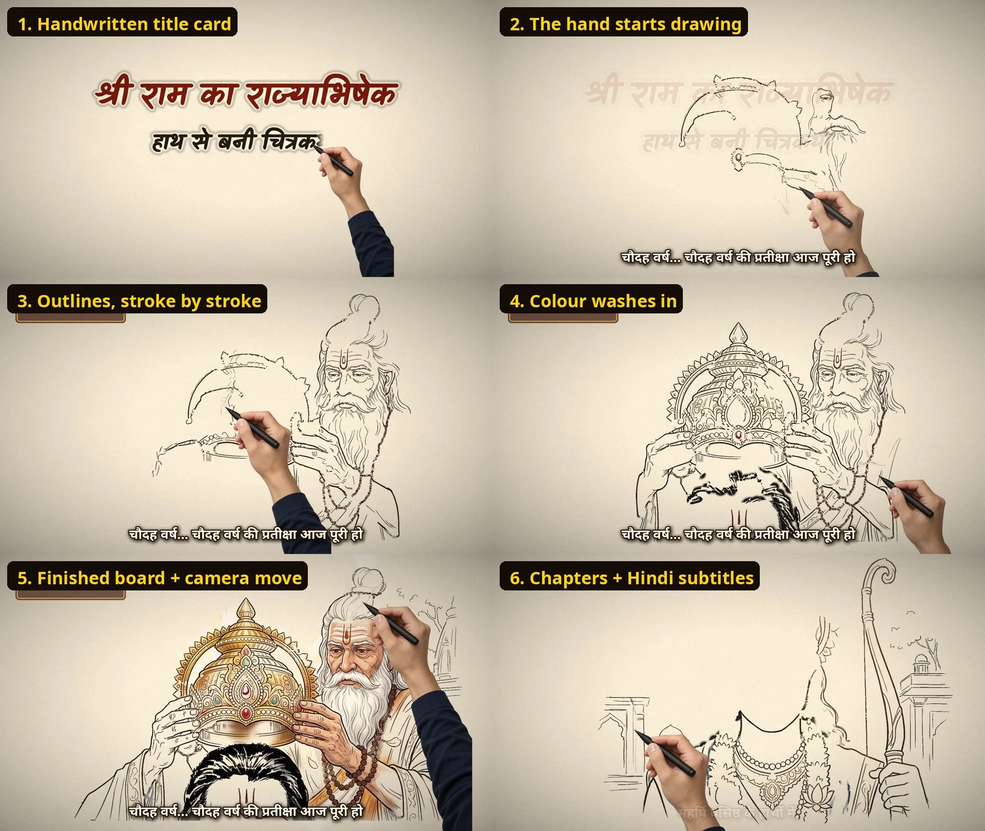Sample: how a SketchStory video draws itself — title card, hand drawing outlines, colour reveal, chapters and subtitles