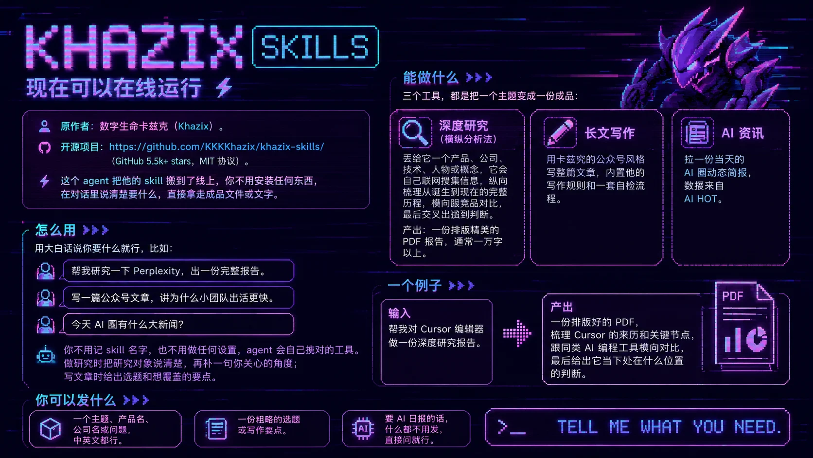 Khazix Skills online research, writing, and AI news tools